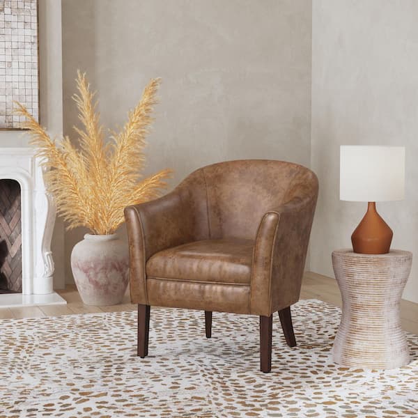 Chunky Barrel Distressed Brown Faux Leather Accent Chair