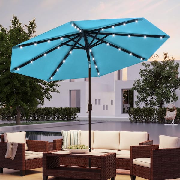 10 ft. Steel Solar Market Patio Umbrella Outdoor Table Umbrella With Tilt Button in Lake Blue