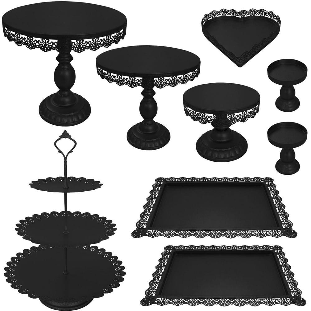 60 fl. oz. Black Metal Cake Stand for Dessert Display, Serving Tray for Party Wedding Baby Shower (Set of 9)
