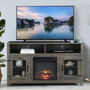 58 in. Farmhouse TV Stand with Electric Fireplace Fits up to 65 in. TV with Storage Cabinet and Adjustable Shelves, Gray