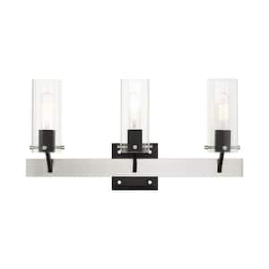 Lyncrest 23.75 in. 3-Light Brushed Nickel Vanity Light with Rounded Corners Clear Square Glass