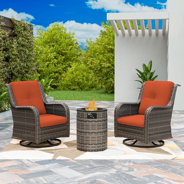 3-Piece Brown Rattan Wicker Outdoor Fire Pit Table Patio Set Swivel Rocking Chair with Orange Cushions