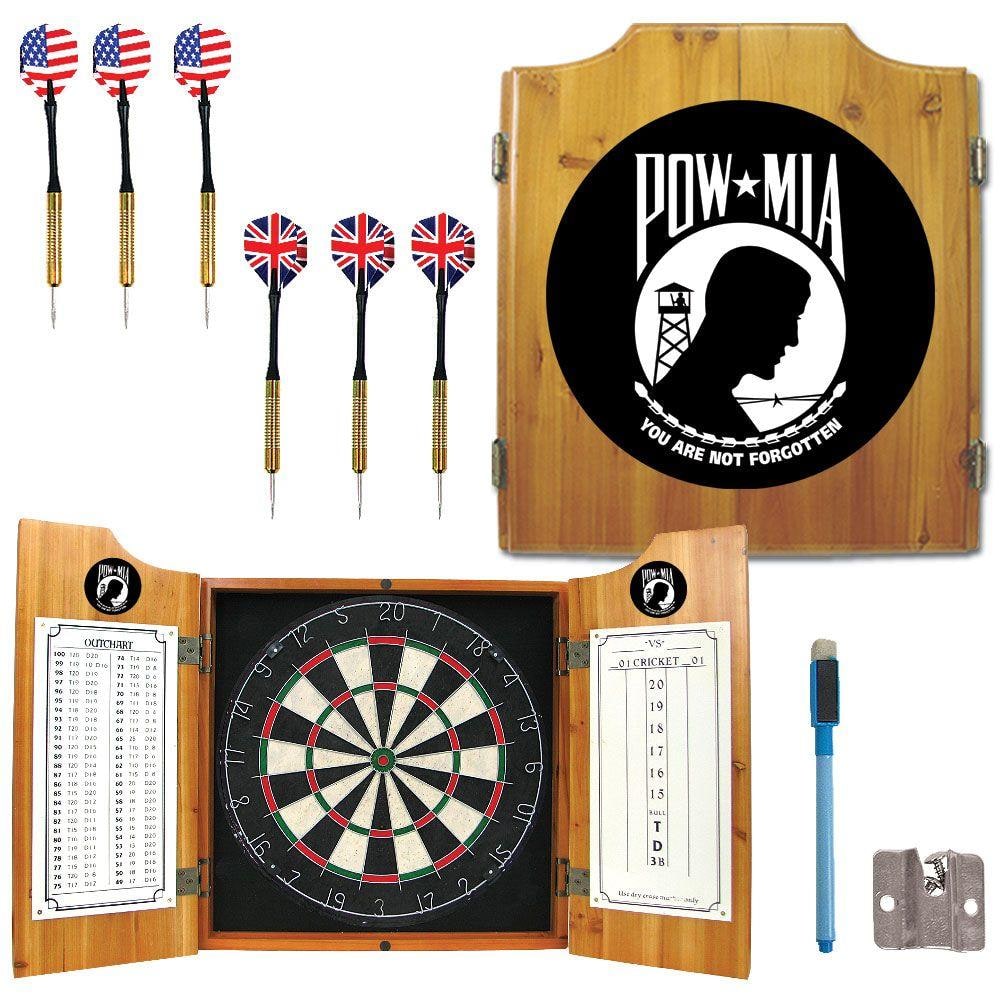 POW MIA Pine Wood Dartboard Cabinet Set with Darts