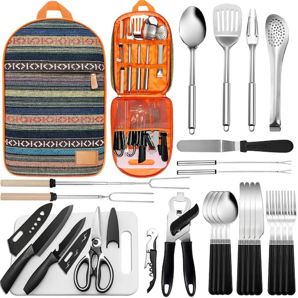 27-Piece Stainless Steel Outdoor Cookware Set in Orange, Portable Camping Kitchen Utensil Set, Grilling Utensil Set