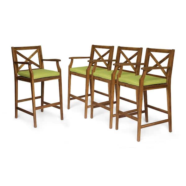 Perla Teak Brown Wood Patio Outdoor Bar Stool with Green Cushion (4-Pack)