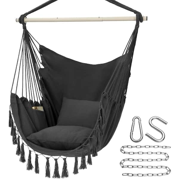 Unbranded 3.15 ft. Hanging Rope Swing Hammock Chair with Max 500 lbs. 2-Cushions, Pocket and Hardware Kit in Dark Gray