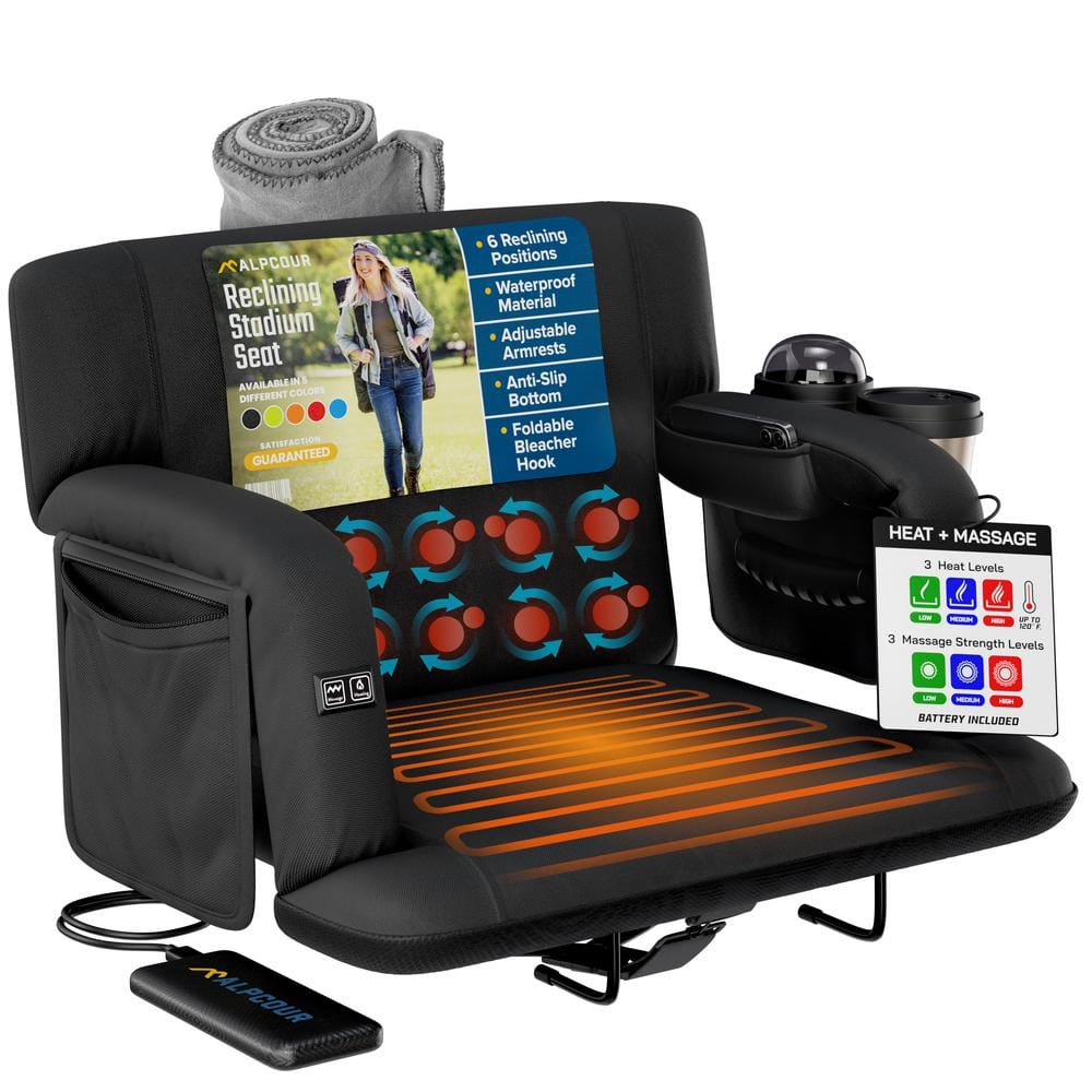 Black Heated Massage Reclining Stadium Seat with Armrests and Pockets