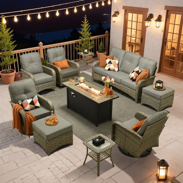Beverly 10-Piece Wicker Patio Conversation Sofa Swivel Chairs Set with Metal Fire Pit Table and Dark Gray Cushions