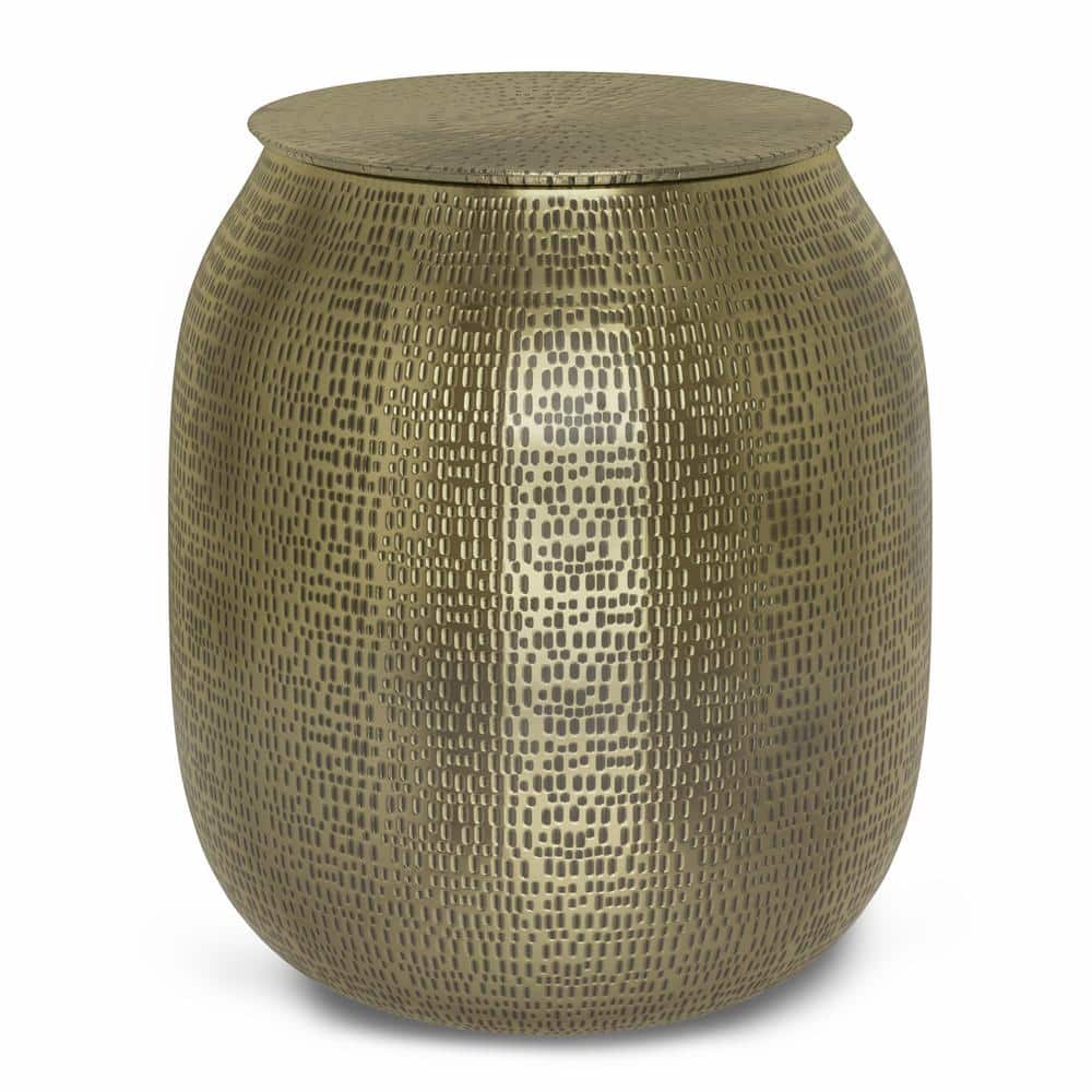 Antique Gold Hand-Hammered Metal Storage Accent Table