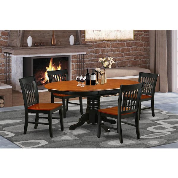 East West Furniture 5-Piece Oval Black and Cherry Finish Solid Wood Top Dining table with 4-Chairs with Butterfly Leaf Lattice Back