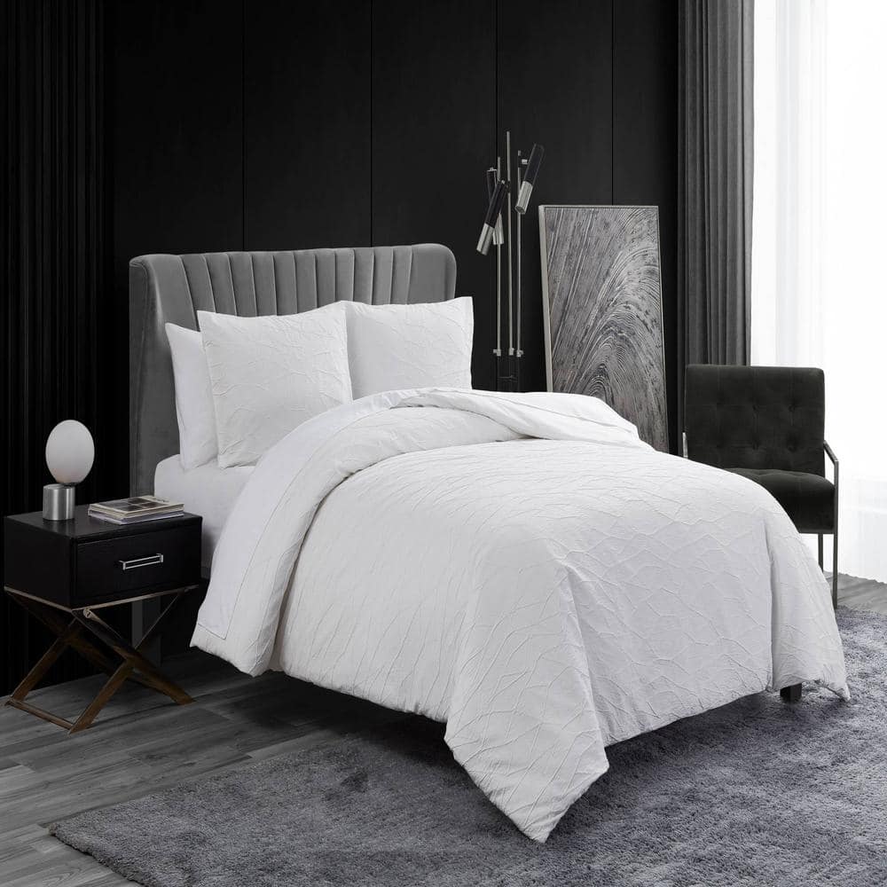 King Size White Cotton Crinkle Texture Duvet Cover Set