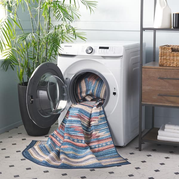 Arizona 4 ft. x 6 ft. Blue/Rust Machine Washable Striped Aztec Area Rug