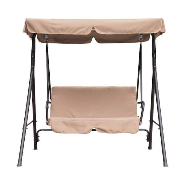 2-Person Beige Steel Frame Freestanding Patio Swing with Beige Soft Removable Cushion Adjustable Canopy Porch Swing Deck