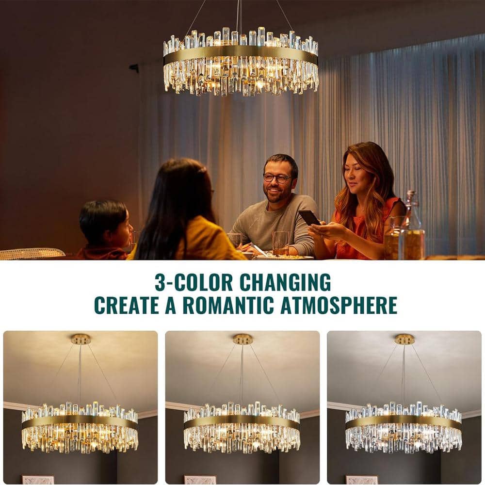 Gold Brass 16-Light Crystal 2-Tier Round Chandelier