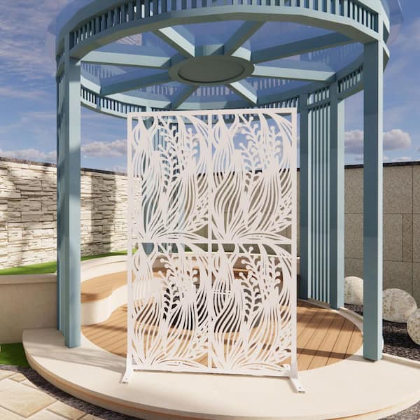 3.8 ft. x 6 ft. Free Standing Decorative Privacy Fence Screen Leaf White Metal for Balcony Patio Garden Room Divider