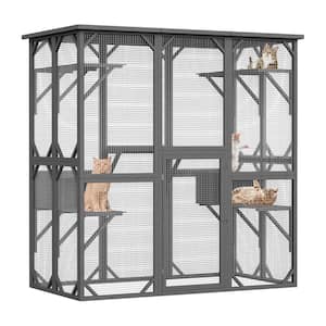 71 in. Gray Large Outdoor Cat House, Weatherproof Wooden Cats Catio Cat Cage Enclosure with 7 Platform and 2 Small House