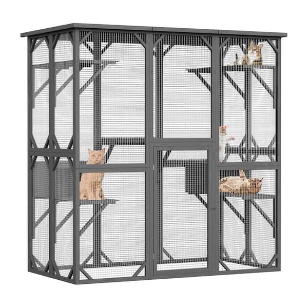 FUFU&GAGA 71 in. Gray Large Outdoor Cat House, Weatherproof Wooden Cats Catio Cat Cage Enclosure with 7 Platform and 2 Small House
