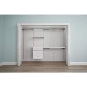 Genevieve 8 ft. White Adjustable Closet Organizer Long and 2 Double Hanging Rods with 3 Shelves and 3 Drawers