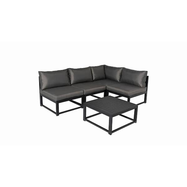 PATIOPTION Outdoor Furniture Set, 5 Pieces Aluminum Sectional Sofa Set with Gray Cushion and Coffee Table - 1 Corner plus 3 Middle