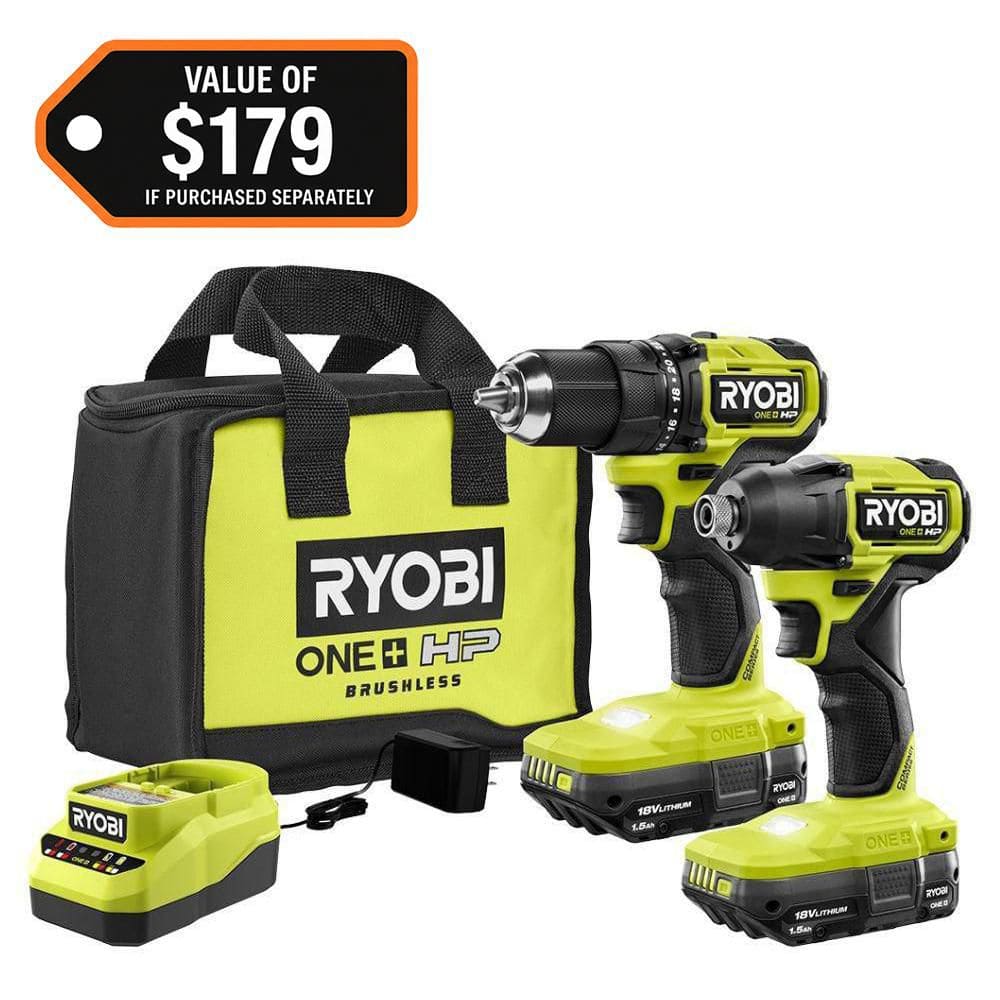 RYOBI ONE+ HP 18V Brushless Cordless Compact 1/2 in. Drill and Impact Driver Kit with (2) 1.5 Ah Batteries, Charger, and Bag PSBCK102K2