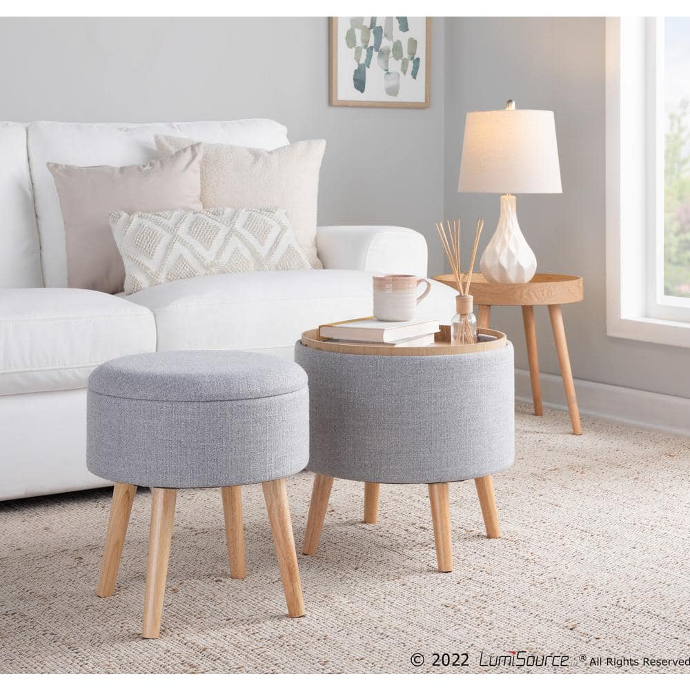 Natural Wood and Light Grey Fabric Round Tray Storage Ottoman Set