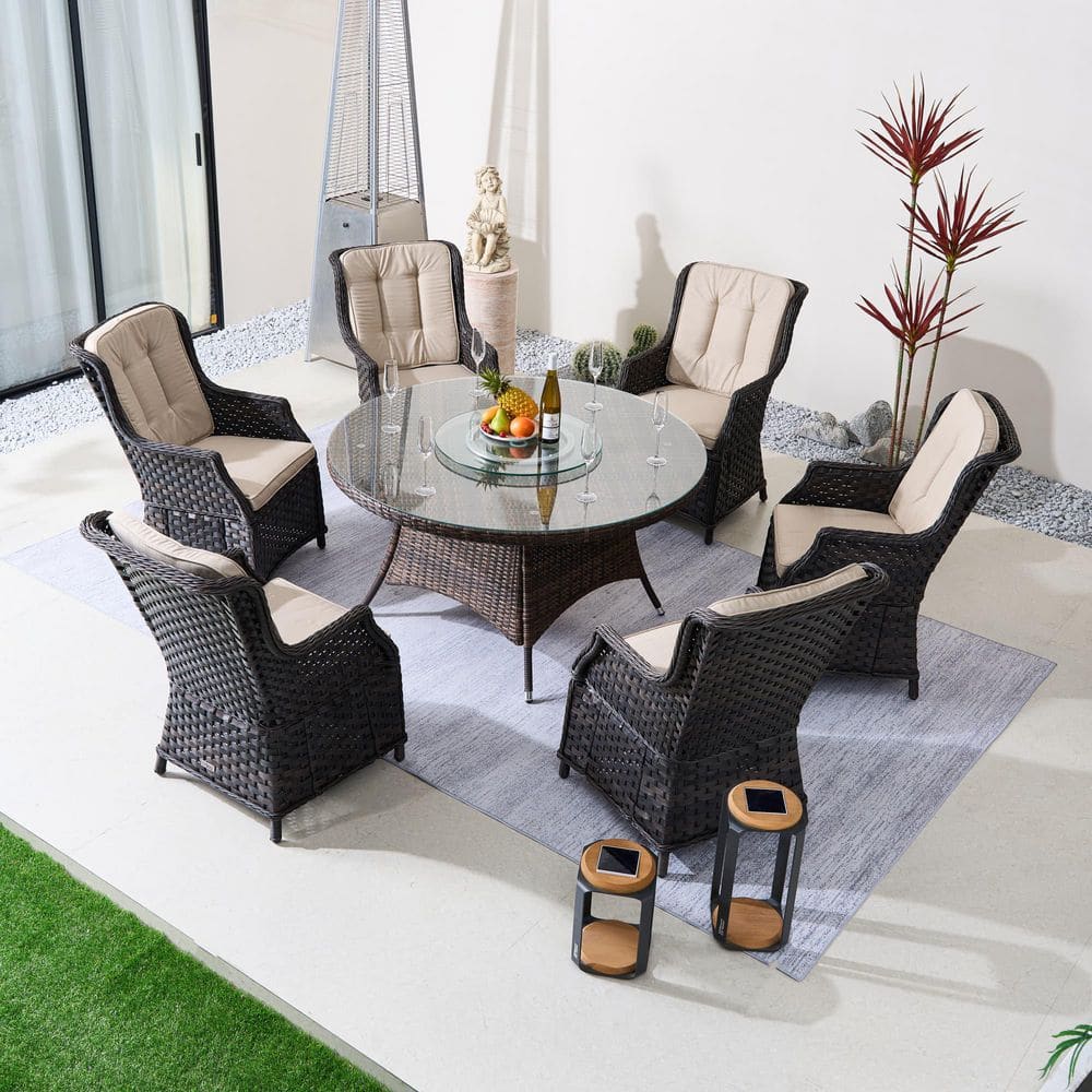 Team 7-Piece Brown Wicker Round Outdoor Dining Set with Beige Cushions price history on PriceWatchPro