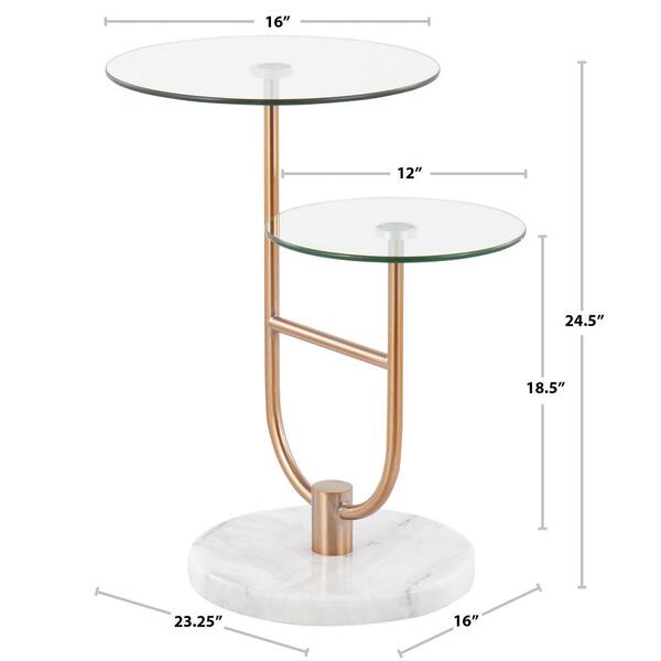 Lumisource Trombone 23 In Clear Glass Gold Metal And White Marble Round Tiered Side Table Tb Wmbaugl The Home Depot White Marble Round Tiered Side Table, Round Glass Metal End Tables