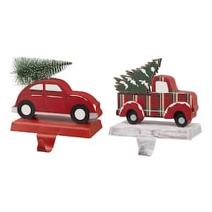 Wooden/Metal Red Car & Truck Stocking Holder (Set of 2)