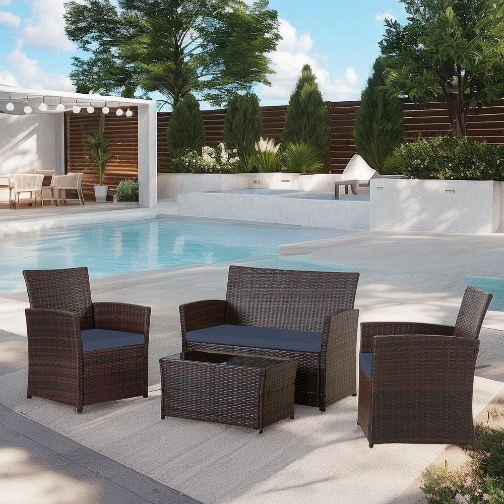 Brown PE Rattan Wicker 4 Seat 4-Piece Steel Patio Outdoor Sectional Set wit