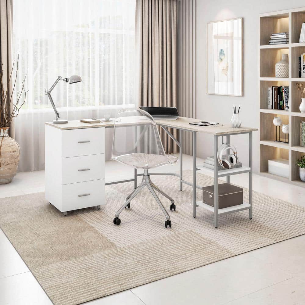 Sand Wood L-Shape Gaming Computer Desk with Drawer