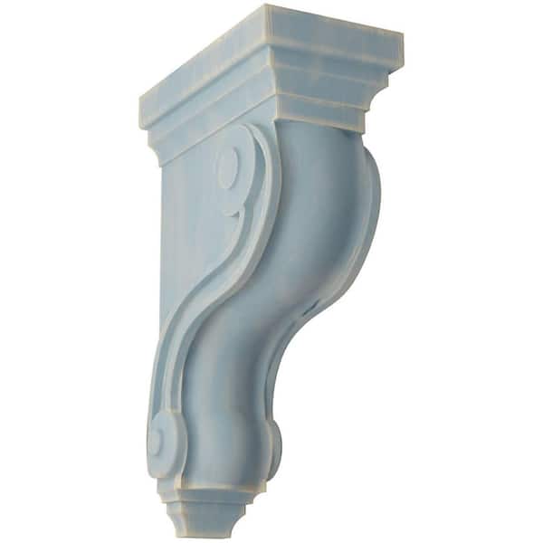 Ekena Millwork 3 3/8 in. x 10-1/2 in. x 6-1/2 in. Driftwood Blue Boston Traditional Scroll Wood Vintage Decor Corbel