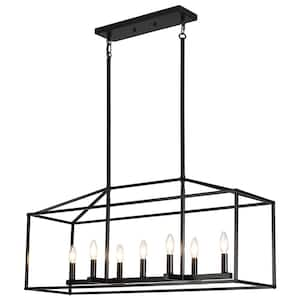 37.79 in. 7-Light Black Farmhouse Linear Kitchen Island Chandelier with Caged Metal Shade