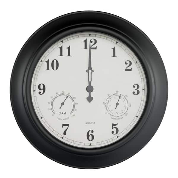 18 in. Black Thermometer and Hygrometer Indoor/Outdoor Quartz Wall Clock