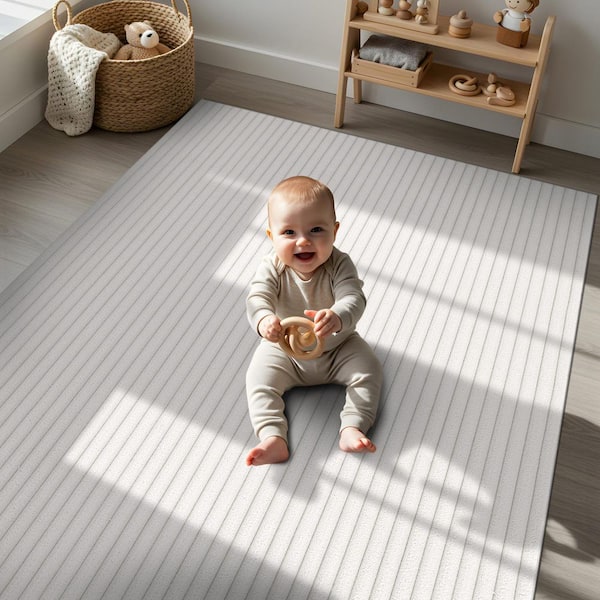 UltraPlush Touch 4 ft. x 6 ft. White Non-Slip Rubber Back Washable Polyester Stripes Indoor Area Rug