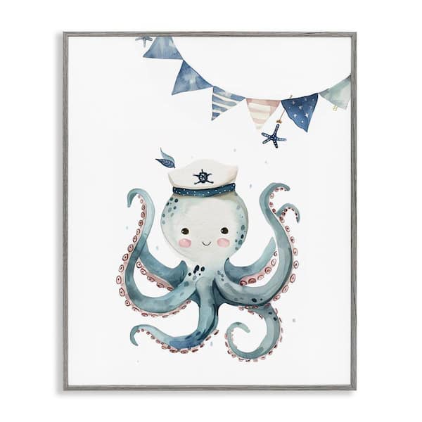 Stupell Industries Cute Octopus Sailor by LSR Design Studio Gray Framed Animal Giclee Art Print 14 in. x 11 in.