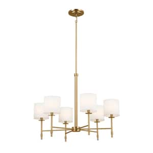 Ali 6-Light Brushed Natural Brass Traditional Living Room Chandelier with White Fabric Shades