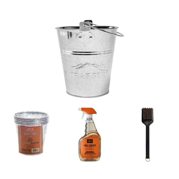 Grill Cleaner Degreaser 32 oz, 5-Pack Bucket Liner, Grease Bucket and BBQ Bristle Cleaning Brush Combo
