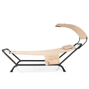 Beige Outdoor Chaise Lounge Bed with Detachable Sunshade Canopy Hammock with Rustproof Metal Stand