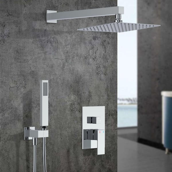 FORCLOVER UBS Single Handle 1-Spray Rain Shower Faucet 1.8 GPM with 12 in. Square Waterfall Shower Head in Chrome