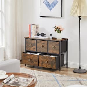Extra Wide Dresser Storage Brown 5 Drawers 11.8 in. W Dresser with Sturdy Steel Frame, Easy-Pull Fabric Bins