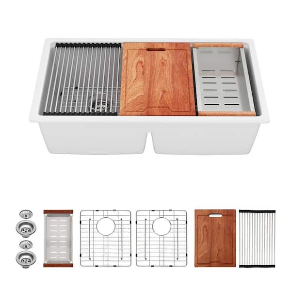33 in. White Undermount Workstation Sink Low Divide Double Bowl 50/50 Quartz Composite Kitchen Sink with Accessories