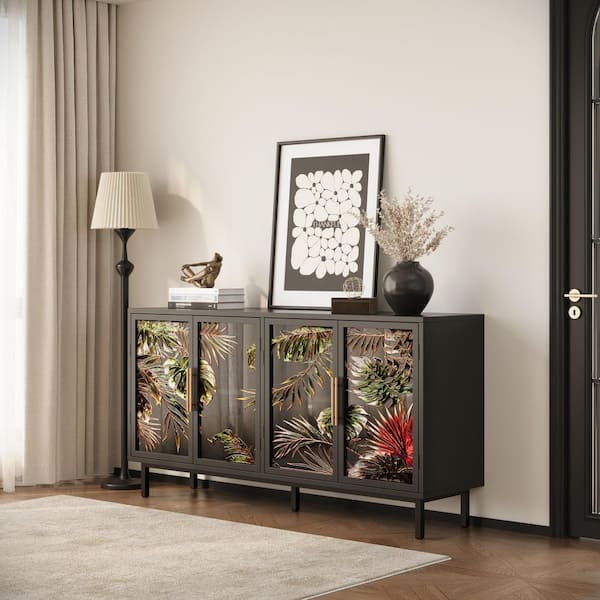 Odette Black Wood Buffet Cabinet 60.3 in. W Sideboard with 4-Painted Glass Doors, Glazed Painting Art Storage Cabinets