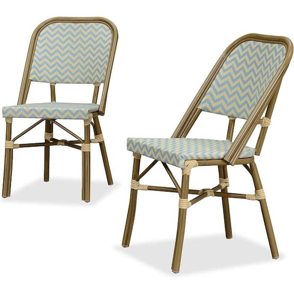 PURPLE LEAF Bistro Chair Outdoor Garden Patio Porch Indoor Kitchen Bamboo Print Finish Aluminum Frame in Light Blue (Set of 2)