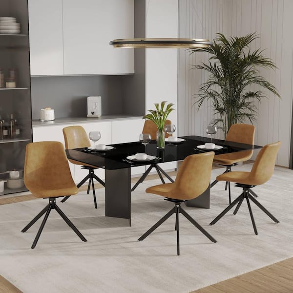 Leather Dining Chair with 360° Swivel in Black Iron Ergonomic Modern Accent Side Chair in Brown