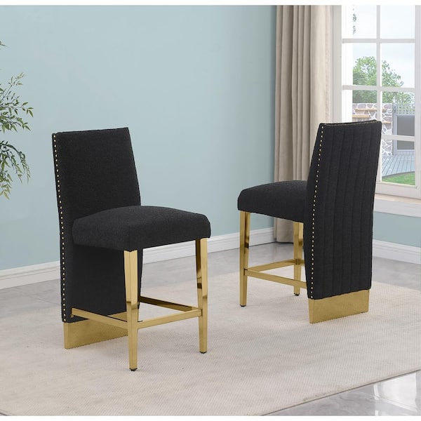 Best Quality Furniture Miles 26 in. Black Color High Back Metal Frame Gold Iron Legs Counter Stool with Boucle Fabric Side Chair (Set of 2)