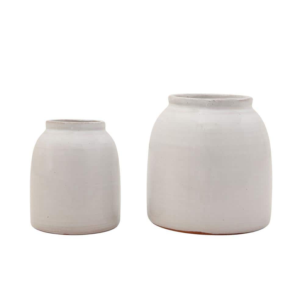 White Ceramic Round Decorative Vases, Set of 2