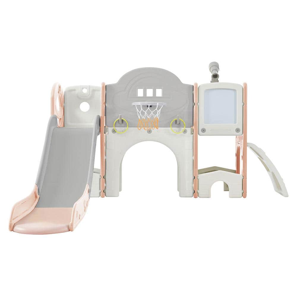 9-in-1 Pink Gray Freestanding Kids Slide Playset with Slide, Arch Tunnel, R