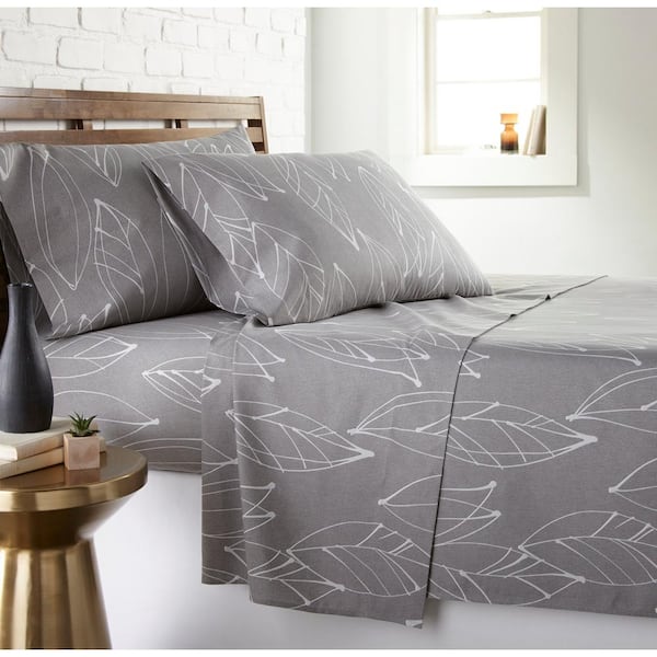 Southshore Fine Linens Modern Foliage 4-Piece White Leaf on Grey Double Brushed Microfiber King Sheet Set