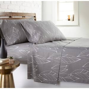 Modern Foliage 4-Piece White Leaf on Grey Double Brushed Microfiber Queen Sheet Set