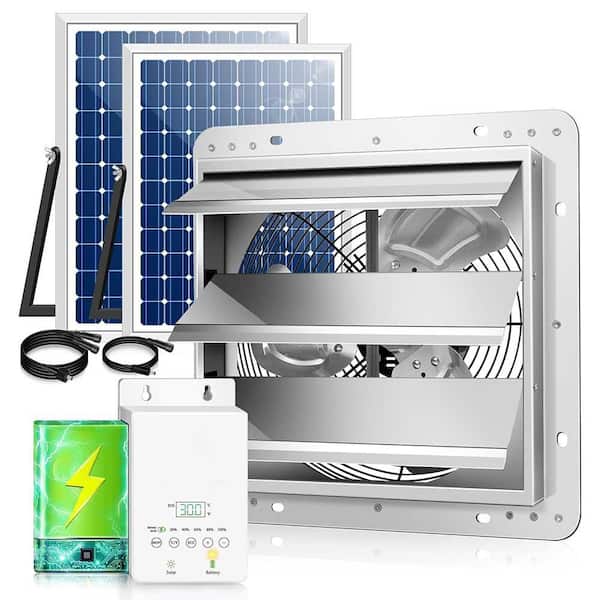 12 Solar Exhaust Fan w/ Thermostat Control Greenhouse Attic Garage Shed in Black with 2-Pieces 30W Bifacial Solar Panel